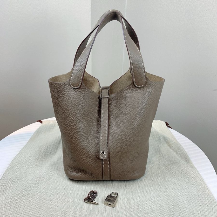 愛馬仕/Hermes Picotin Lock 22 大象灰銀扣菜籃子手提水桶包 配件:鎖頭 塵袋 尺寸:22*17*21-0