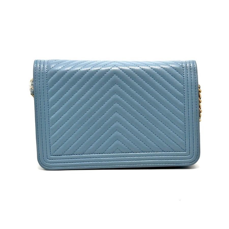 CHANEL LeboyWOC藍色 金扣V紋肩背斜背包19*13*4 98新配件盒子塵袋購證 毛氈布-5