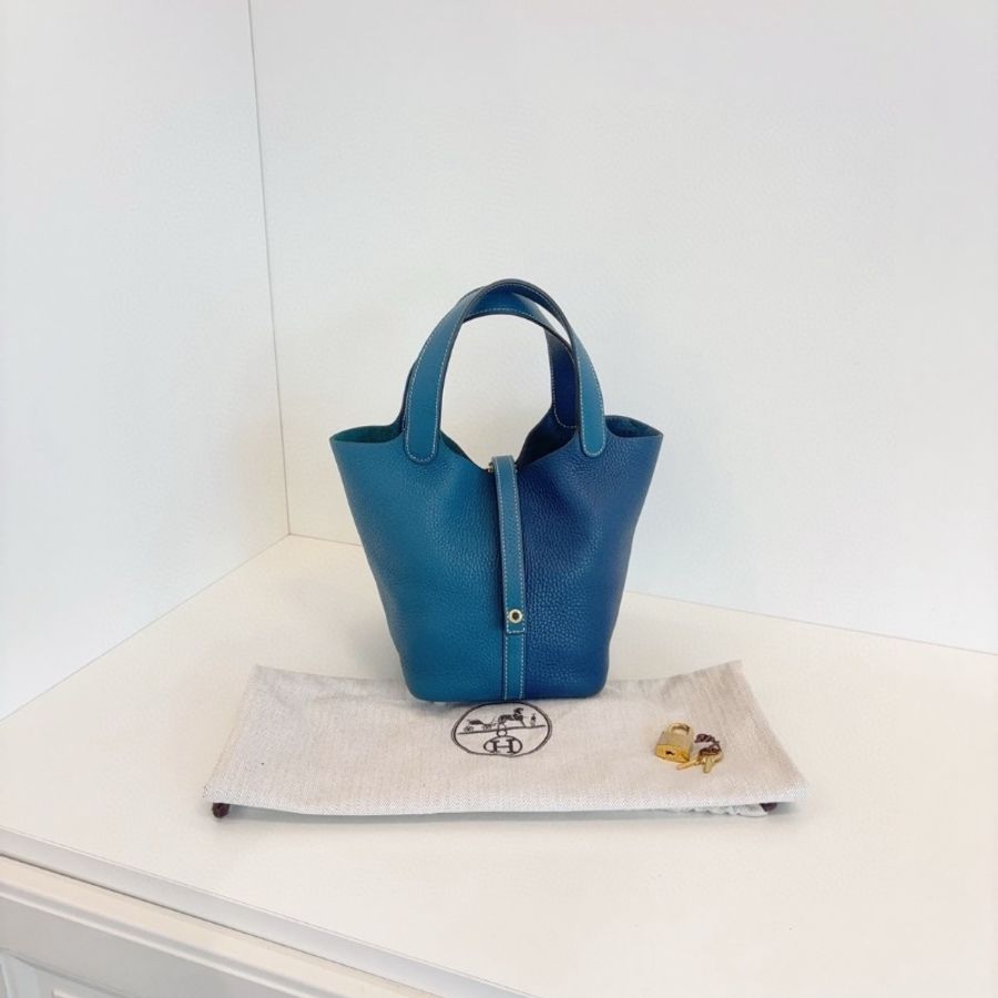 Hermes Picotin拼色菜籃子18 新色 深邃藍拼博斯普魯斯綠 走白線18*18 98新配件塵袋-1
