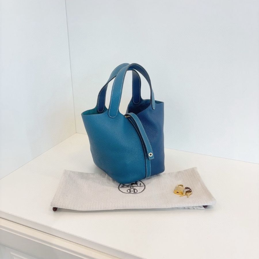 Hermes Picotin拼色菜籃子18 新色 深邃藍拼博斯普魯斯綠 走白線18*18 98新配件塵袋-3