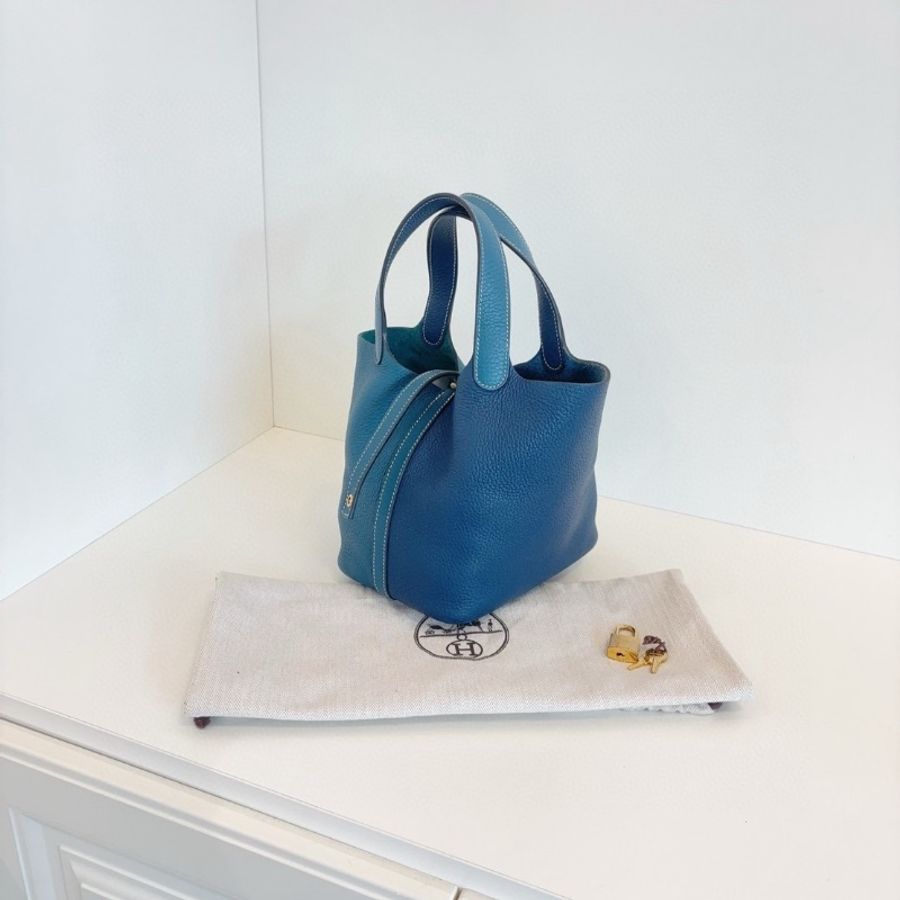 Hermes Picotin拼色菜籃子18 新色 深邃藍拼博斯普魯斯綠 走白線18*18 98新配件塵袋-4