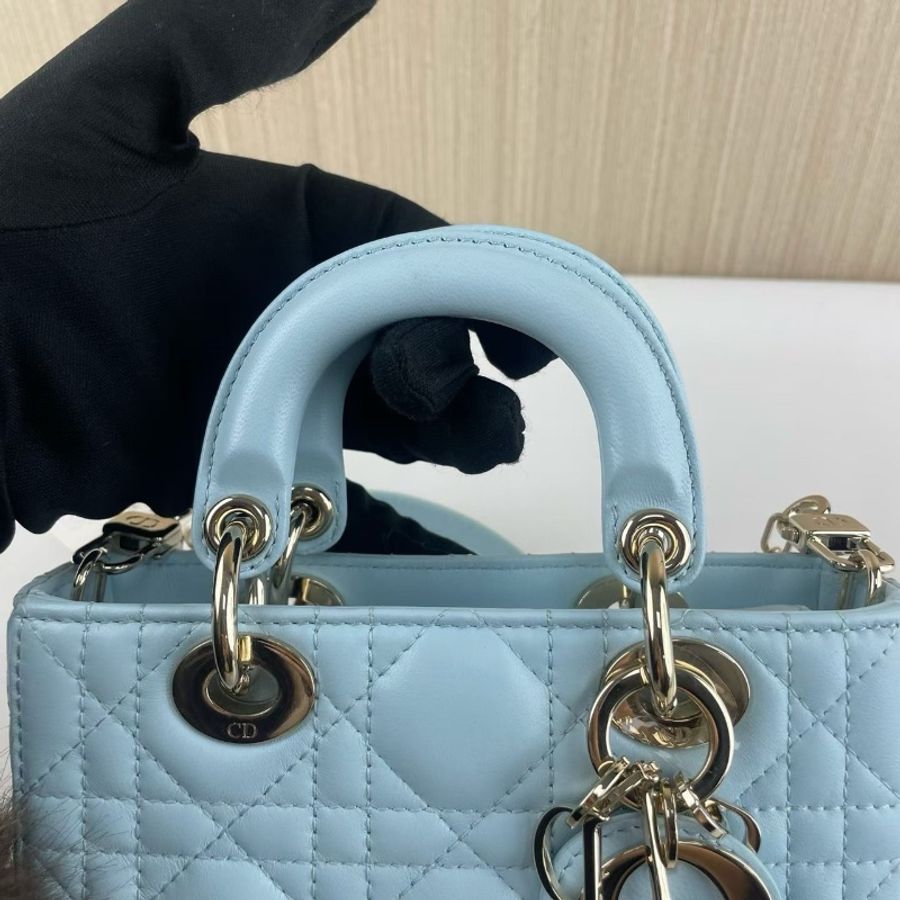 dior D-joy 霧霾藍 三格黛妃橫版mini 芯片款17*10*3 98新配件塵袋-2