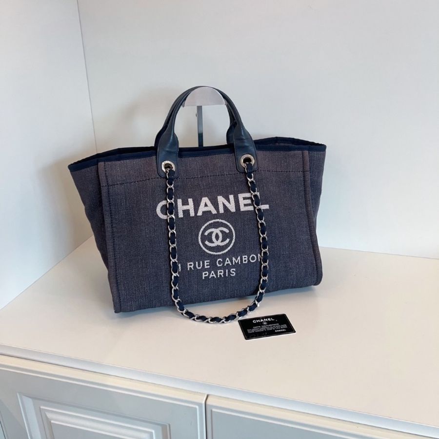 Chanel 牛仔藍沙灘包 帆布拼牛皮 38*30*18 98新配件塵袋保卡-8