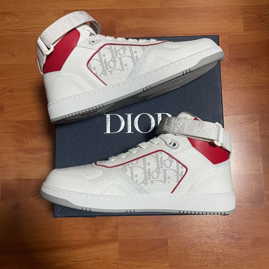 DIOR正品迪奧B27 牛皮 高幫 時尚板鞋 男款 白紅 41碼-2