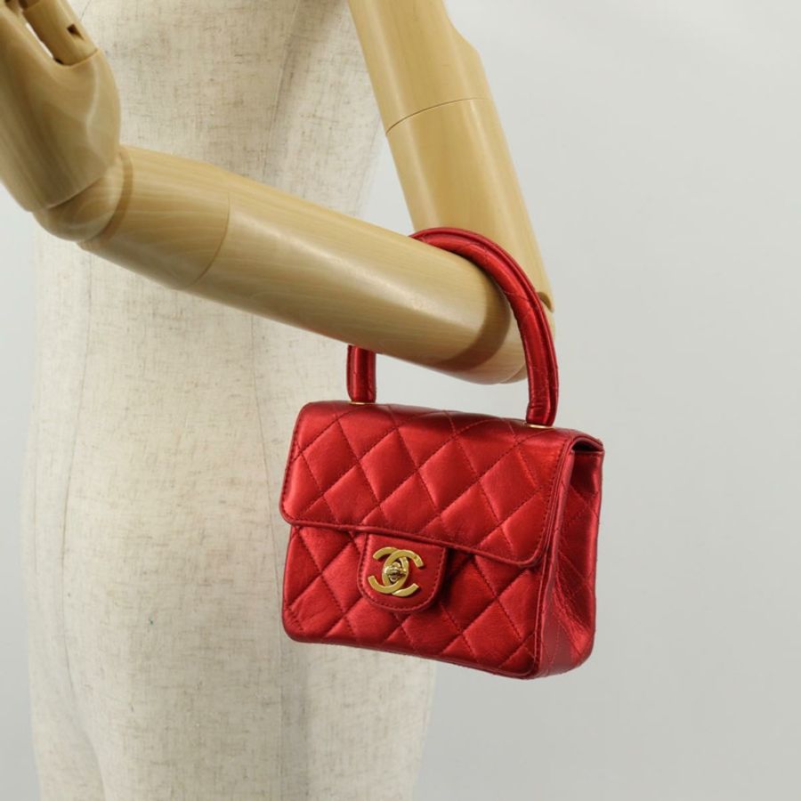 【日本直送】香奈兒 (CHANEL) 絎縫手提包,紅色金色雙C標誌,真品編號 140357SM-24