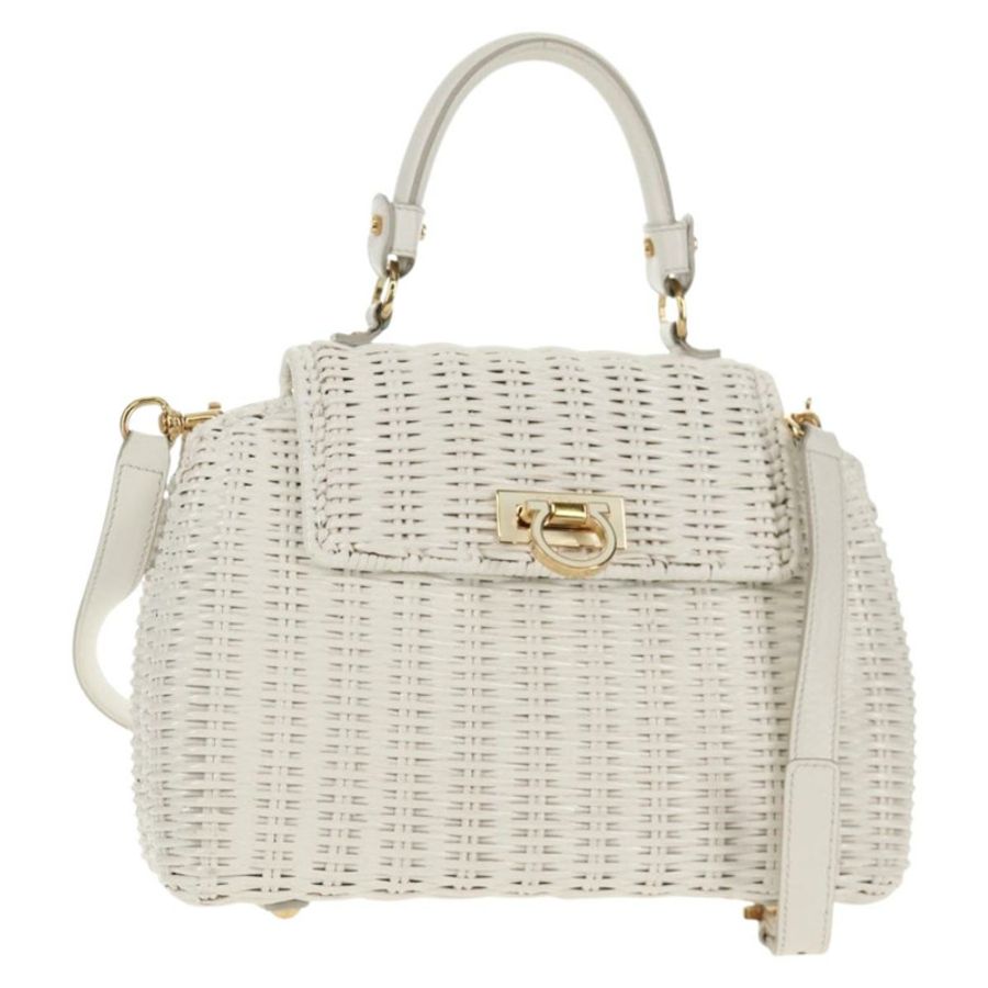 【日本直送】Salvatore Ferragamo Gancini 藤編兩用白金手提包 Auth 150815V-0
