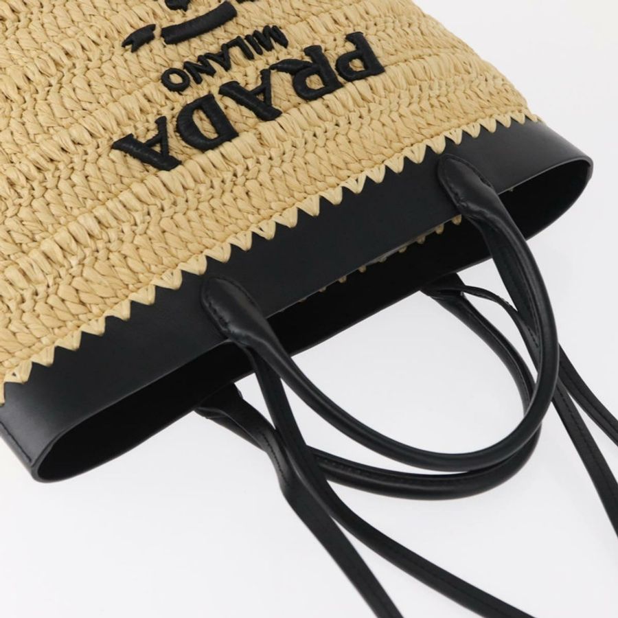 【日本直送】PRADA 草編皮革手提包,兩用,米色/黑色,正品 ka156V-5