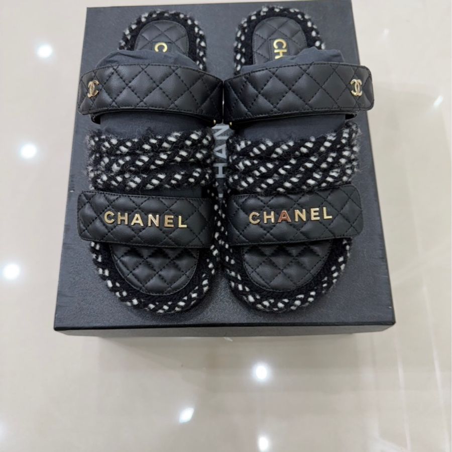 香奈兒 Chanel 厚底魔術粘拖鞋 黑色-0