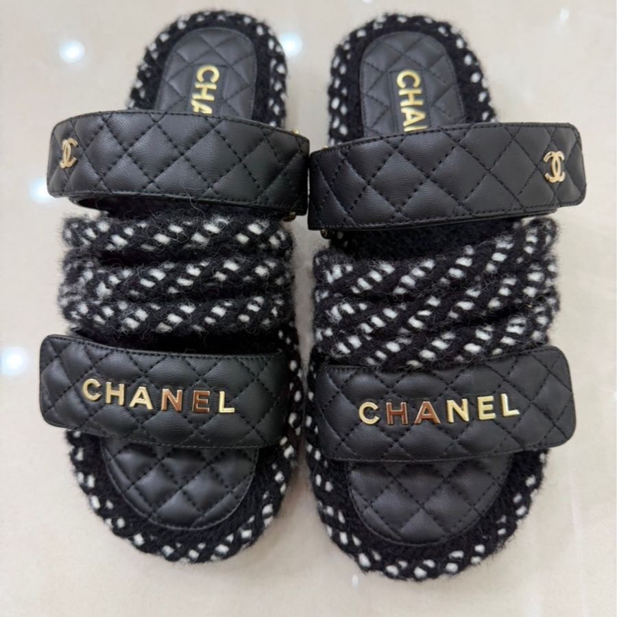 香奈兒 Chanel 厚底魔術粘拖鞋 黑色-2