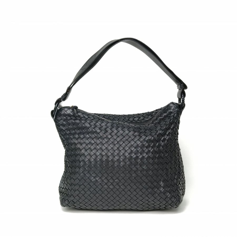 BOTTEGA VENETA 黑色羊皮金扣經典編織寬肩帶單肩包-2
