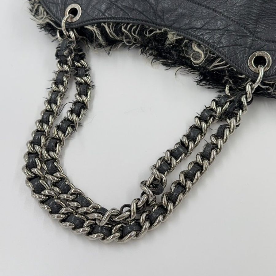 CHANEL炭灰色羊皮拚毛呢肩背包A49559-7