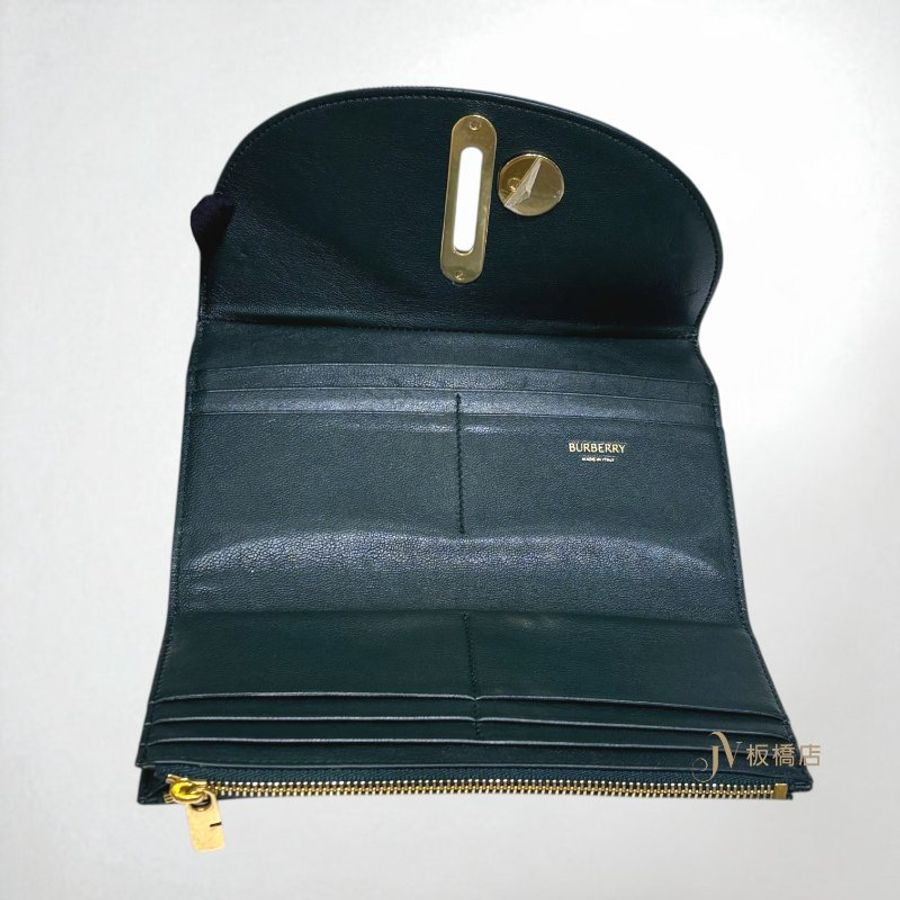 JY0328-Burberry 綠色菱格紋金釦下蓋長夾-6