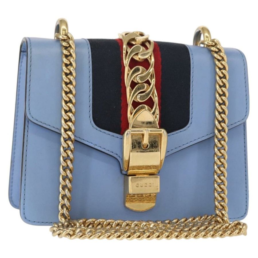 【日本直送】GUCCI Sylvie Sherry Line 鏈條包 皮革 淺藍色 金色 431666 正品 bs31431-0