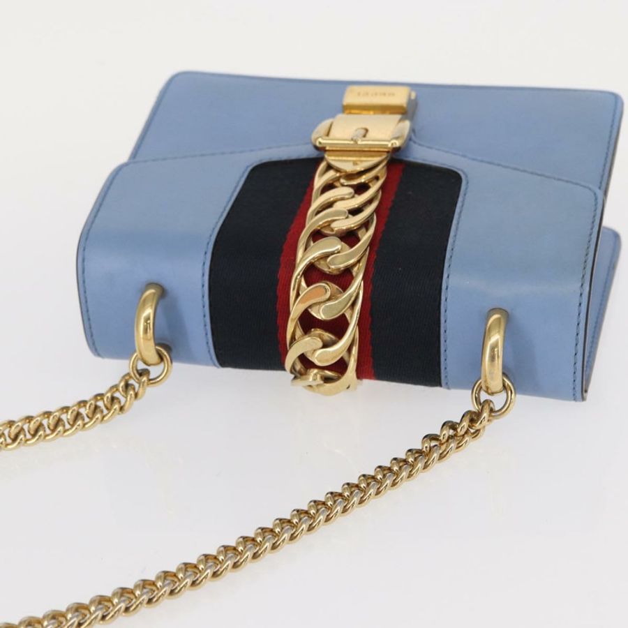 【日本直送】GUCCI Sylvie Sherry Line 鏈條包 皮革 淺藍色 金色 431666 正品 bs31431-5