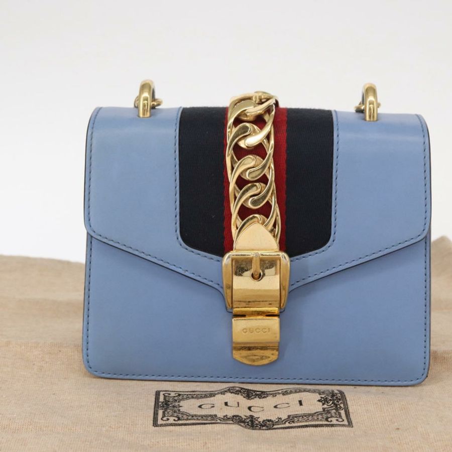【日本直送】GUCCI Sylvie Sherry Line 鏈條包 皮革 淺藍色 金色 431666 正品 bs31431-11