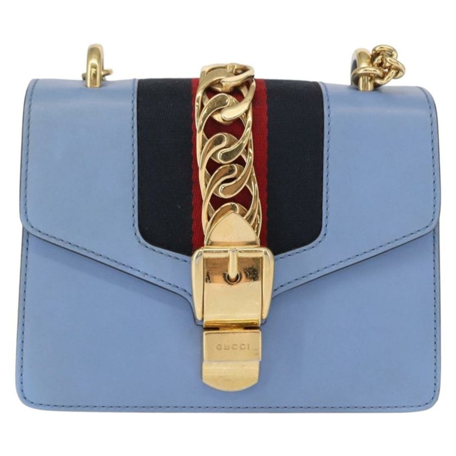 【日本直送】GUCCI Sylvie Sherry Line 鏈條包 皮革 淺藍色 金色 431666 正品 bs31431-12