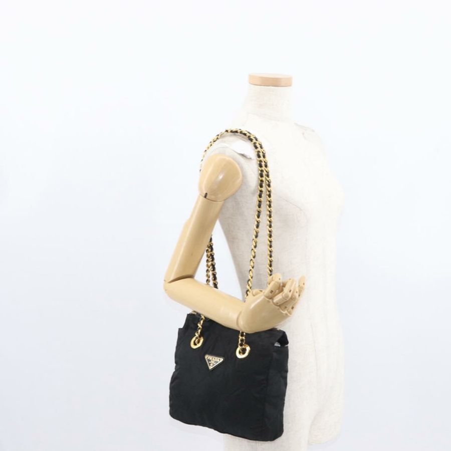 【日本直送】PRADA 尼龍黑色金色鏈條單肩包 Auth bs32069-22