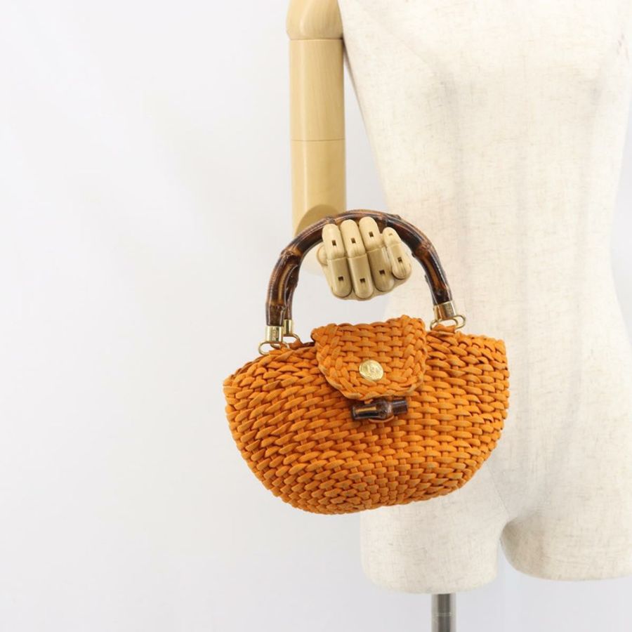 【日本直送】FENDI 竹節手提包 尼龍 橘色 金色 正品 159087-20