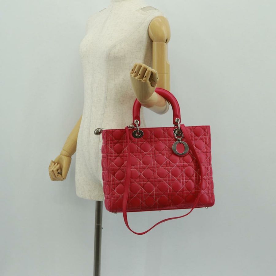 【日本直送】Christian Dior Lady Dior 手提包,羊皮材質,粉紅色/銀色兩用,正品,貨號 163880SAM-26