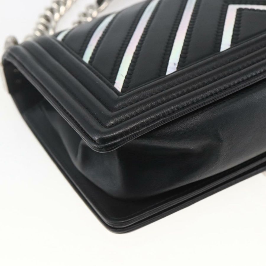 【日本直送】香奈兒 (CHANEL) 鏈條 Boy Chanel V 縫線包 皮革 黑色 銀色 CC 正品 ka1417SAM-15