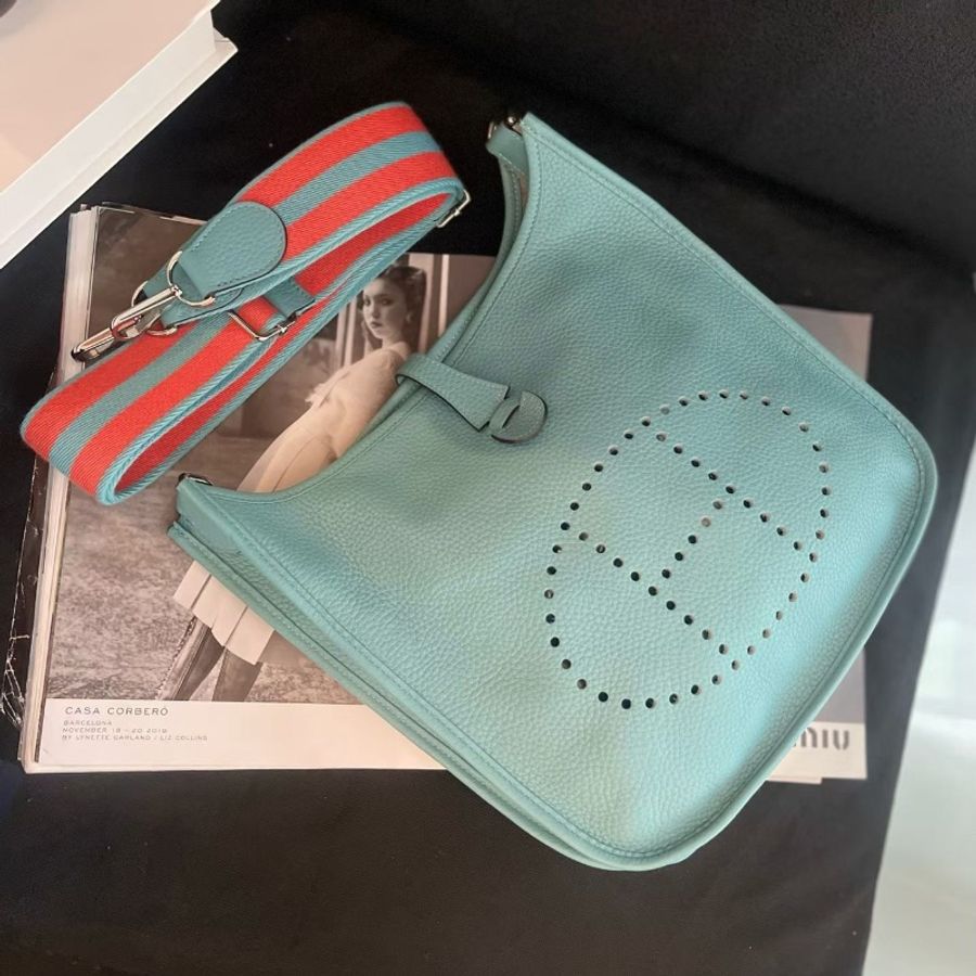Hermes 銀扣 馬卡龍藍 拼色肩帶 TC皮 29*30*6 98新配件塵袋-2