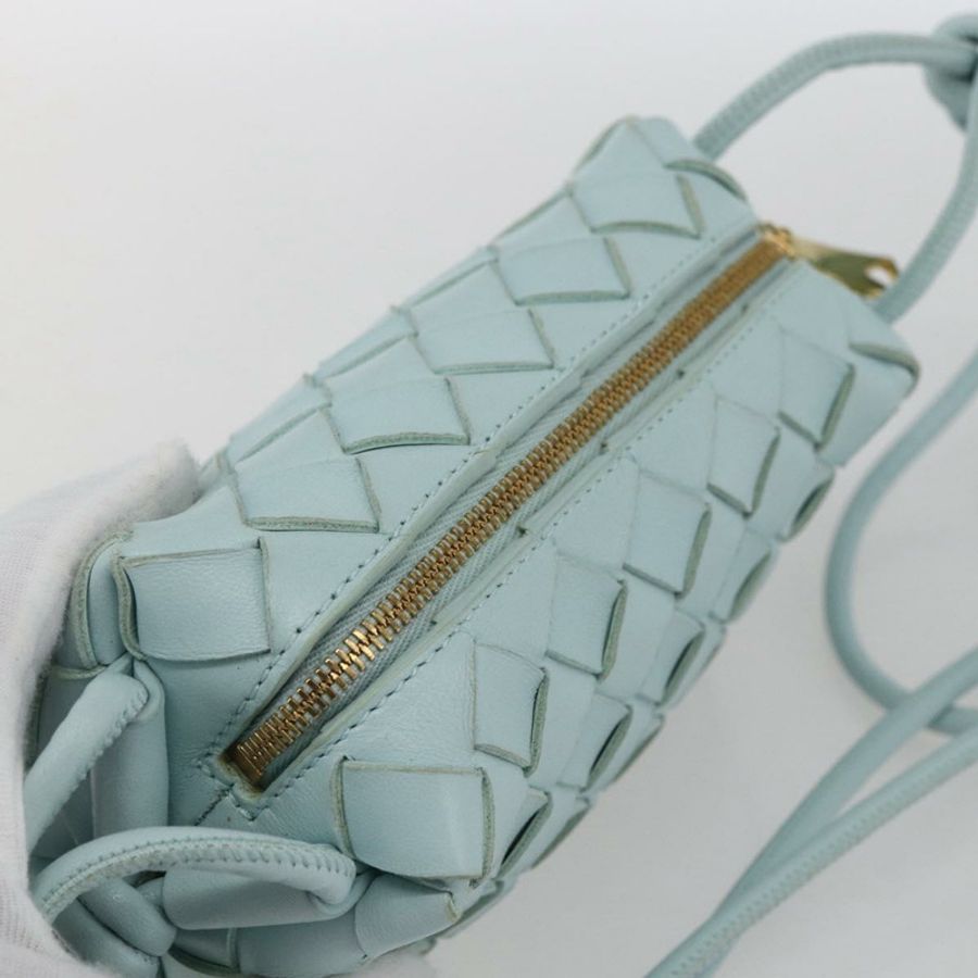 【日本直送】BOTTEGA VENETA INTRECCIATO 皮革肩背包 淺藍色 金色 Auth bs32785V-5