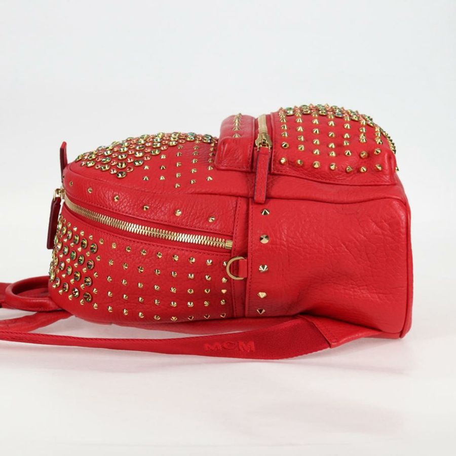 【日本直送】MCM Logoogram Vicetos 鉚釘雙肩包 皮革 紅色 金色 正品 126799V-2