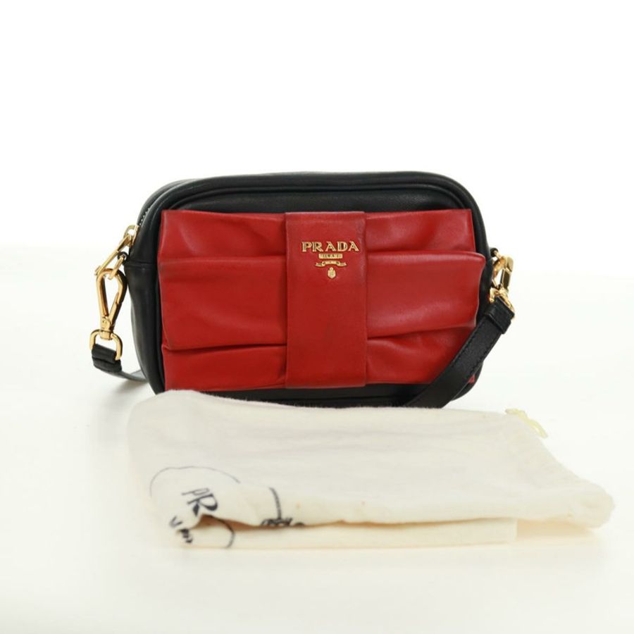 【日本直送】PRADA 緞帶單肩包,皮革材質,黑色、紅色、金色,正品編號 171555V-11