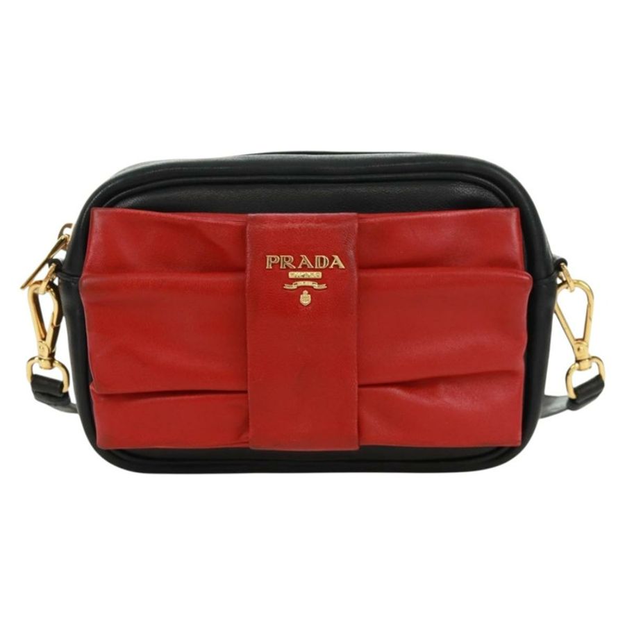 【日本直送】PRADA 緞帶單肩包,皮革材質,黑色、紅色、金色,正品編號 171555V-12