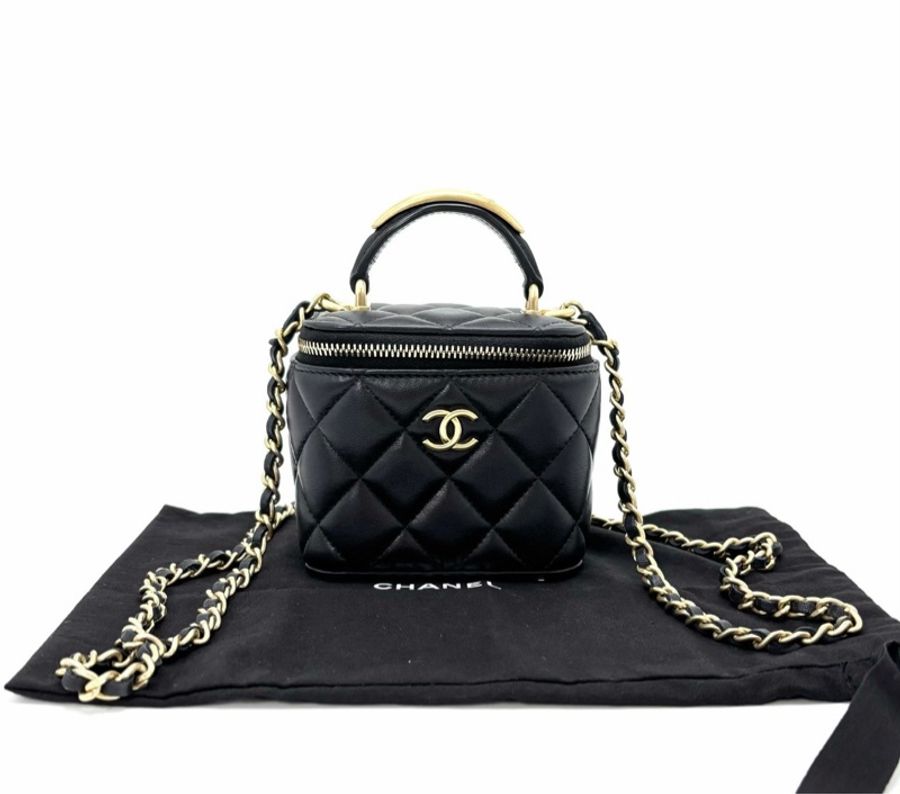 【97新 ✨ 全網最低價!】CHANEL/香奈兒22b 黑金 羊皮 金屬手柄mini手提單肩盒子包 晶片新款(下單前先詢問庫存❗️)-4