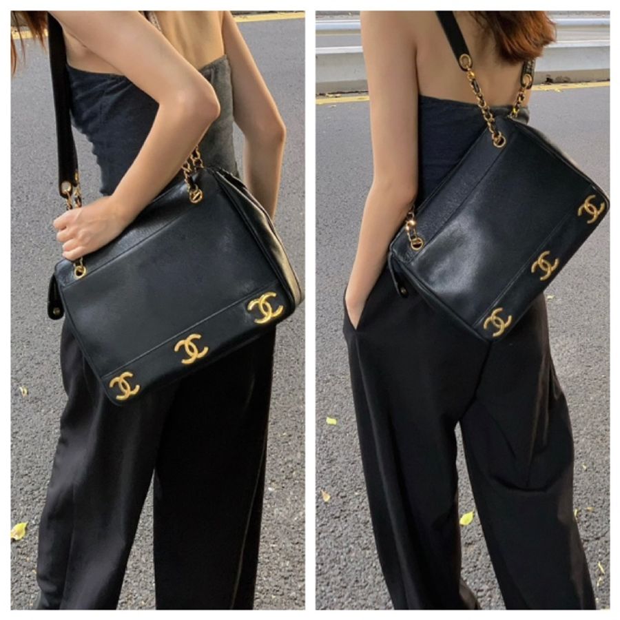 Chanel 黑金荔枝皮金球奶粉包-7
