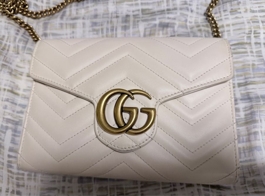 超低價 GUCCI MARMONT系列 仿舊金色雙G LOGO 山字紋WOC 米白金斜背WOC 包-5