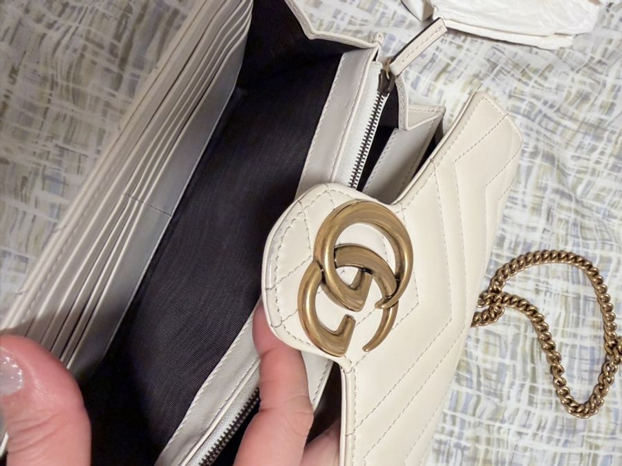 超低價 GUCCI MARMONT系列 仿舊金色雙G LOGO 山字紋WOC 米白金斜背WOC 包-16