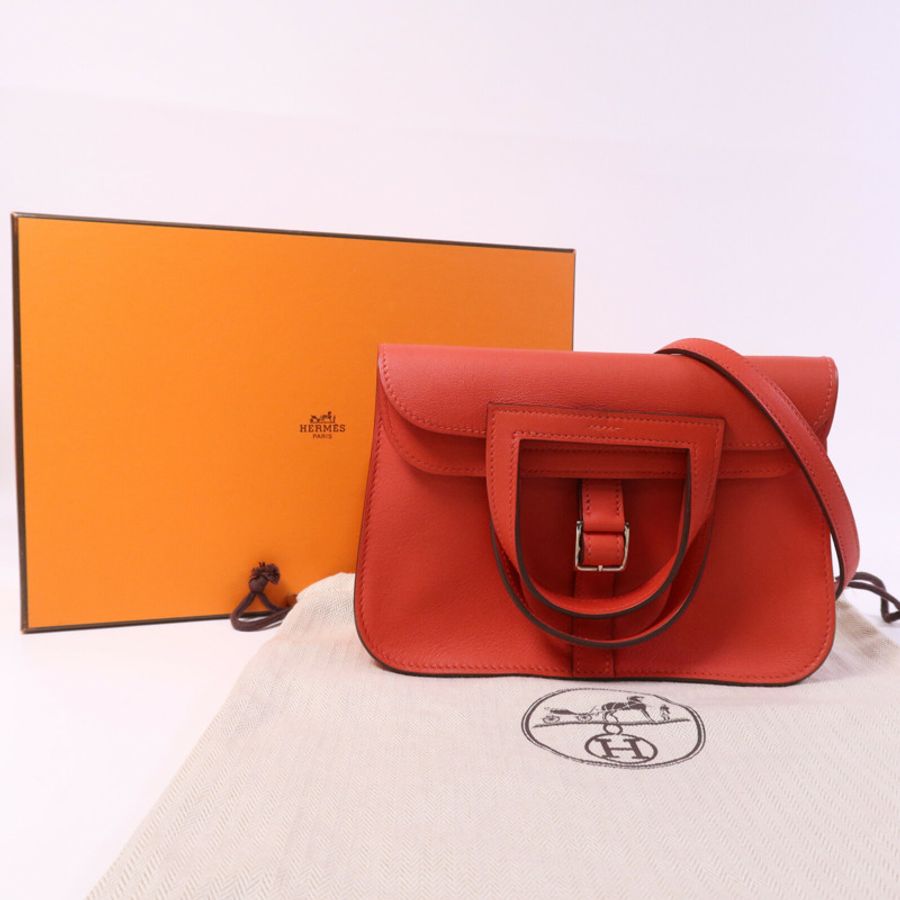 HERMES Swift皮革Halzan Mini銀扣肩背袋Rouge Tomate-9