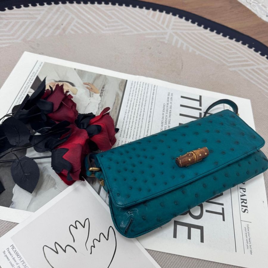 【赫蒂國際精品】 Gucci 古馳 竹節細節鴕鳥皮肩背包 vintage-0
