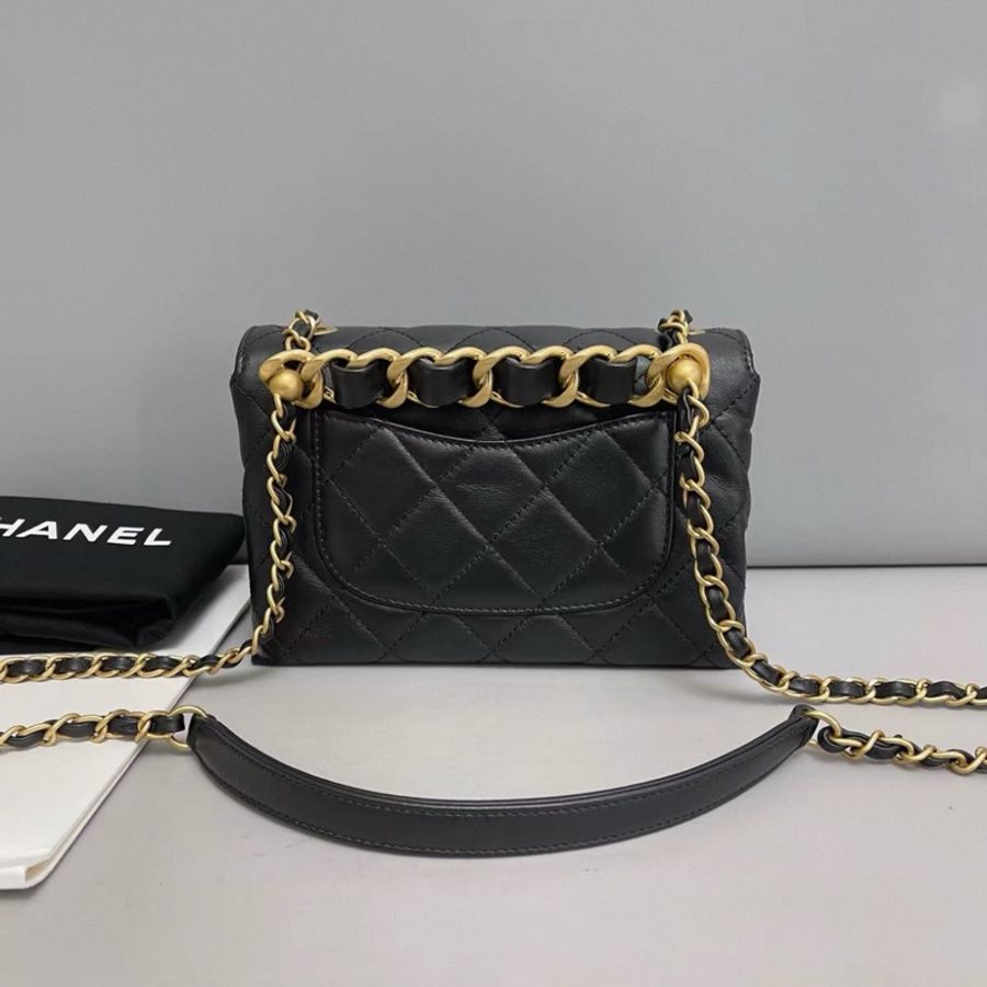 Chanel香奈兒 黑金全皮菱格雙金珠手柄口蓋包 芯片-1