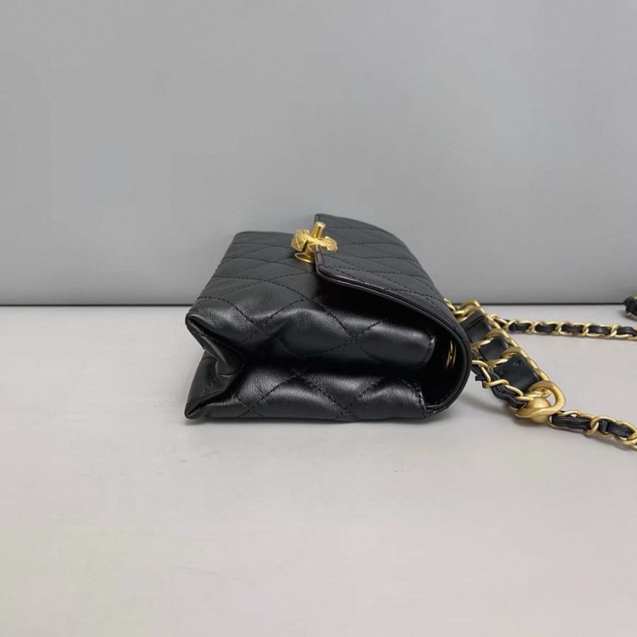 Chanel香奈兒 黑金全皮菱格雙金珠手柄口蓋包 芯片-2