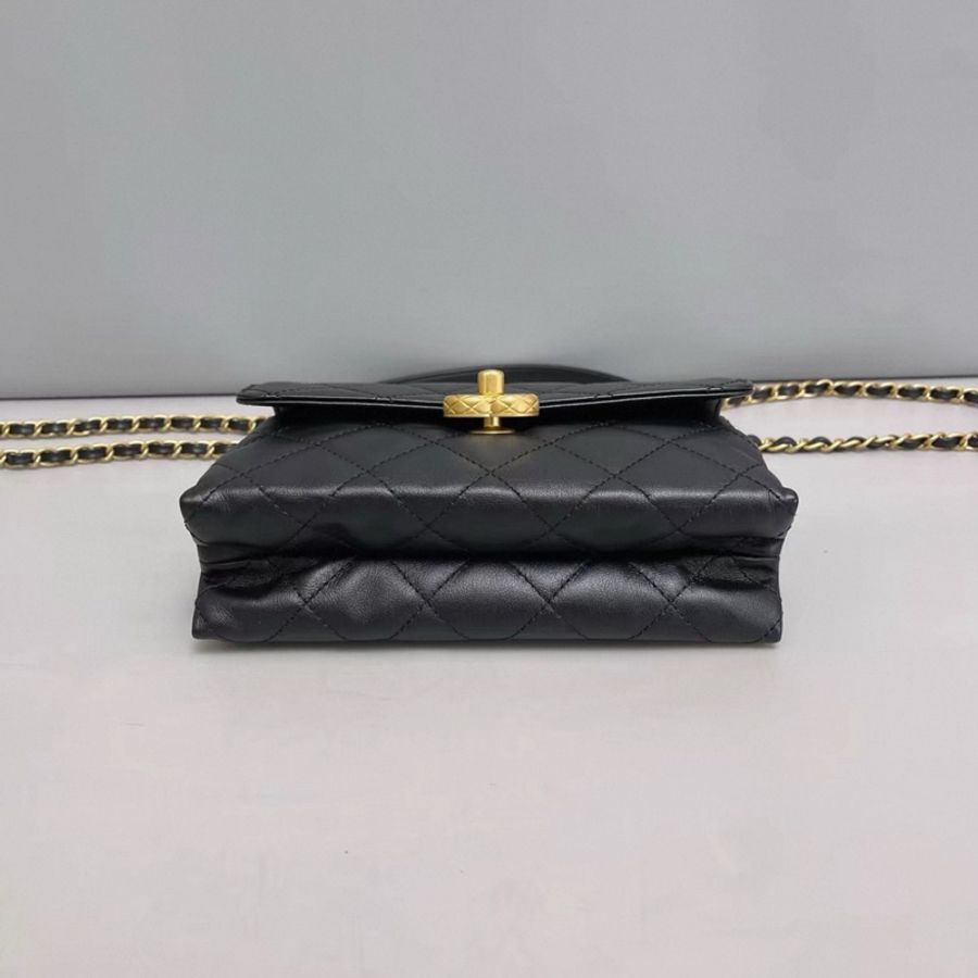 Chanel香奈兒 黑金全皮菱格雙金珠手柄口蓋包 芯片-3