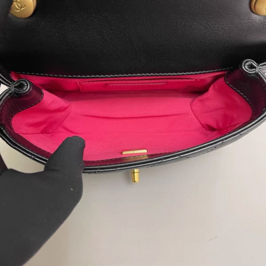 Chanel香奈兒 黑金全皮菱格雙金珠手柄口蓋包 芯片-6