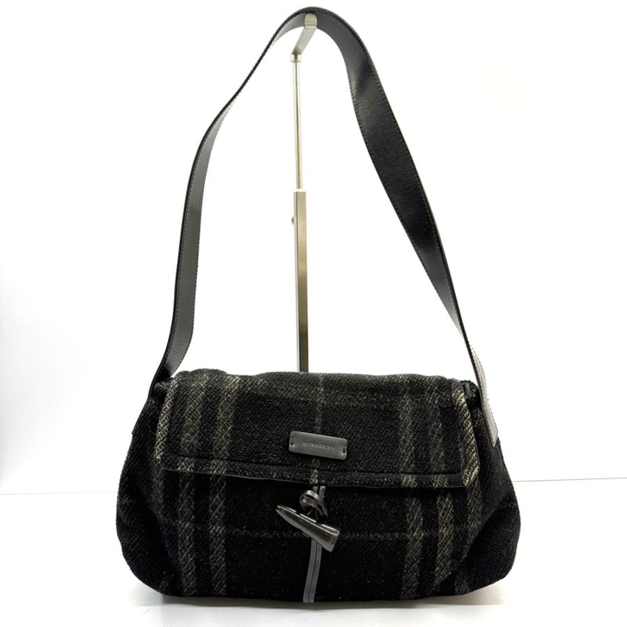 BURBERRY 巴寶莉 黑色毛呢肩背包 NOVA CHECK WOOL-0