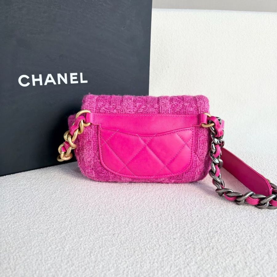 Chanel 19bag系列毛呢腰包 粉色金扣 毛呢拼皮19*11*5 99新配件塵袋-7