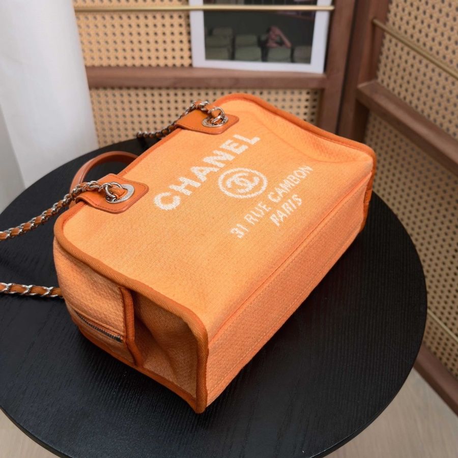 CHANEL橙色銀扣手提肩背保齡球 沙灘包27*17*12 98新配件塵袋-3