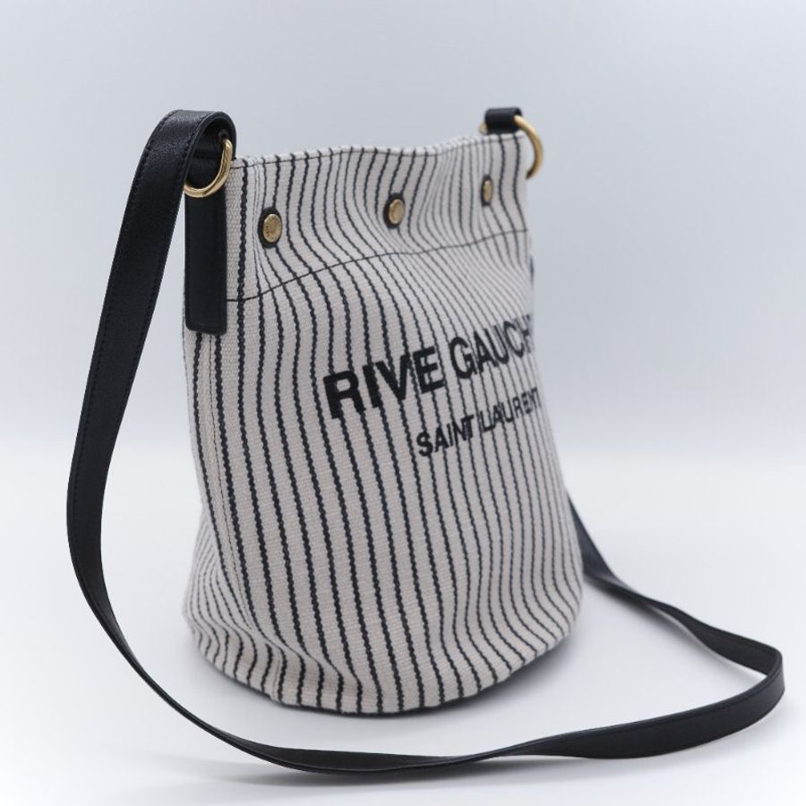 Saint Laurent 聖羅蘭 Rive Gauche 左岸 黑白條紋 帆布 水桶包-4