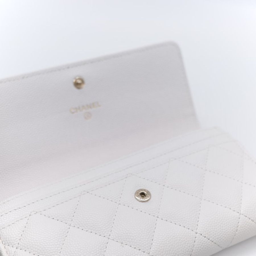 Chanel 香奈兒 經典菱格紋 白色 顆粒小牛皮 荔枝皮 翻蓋長夾-15