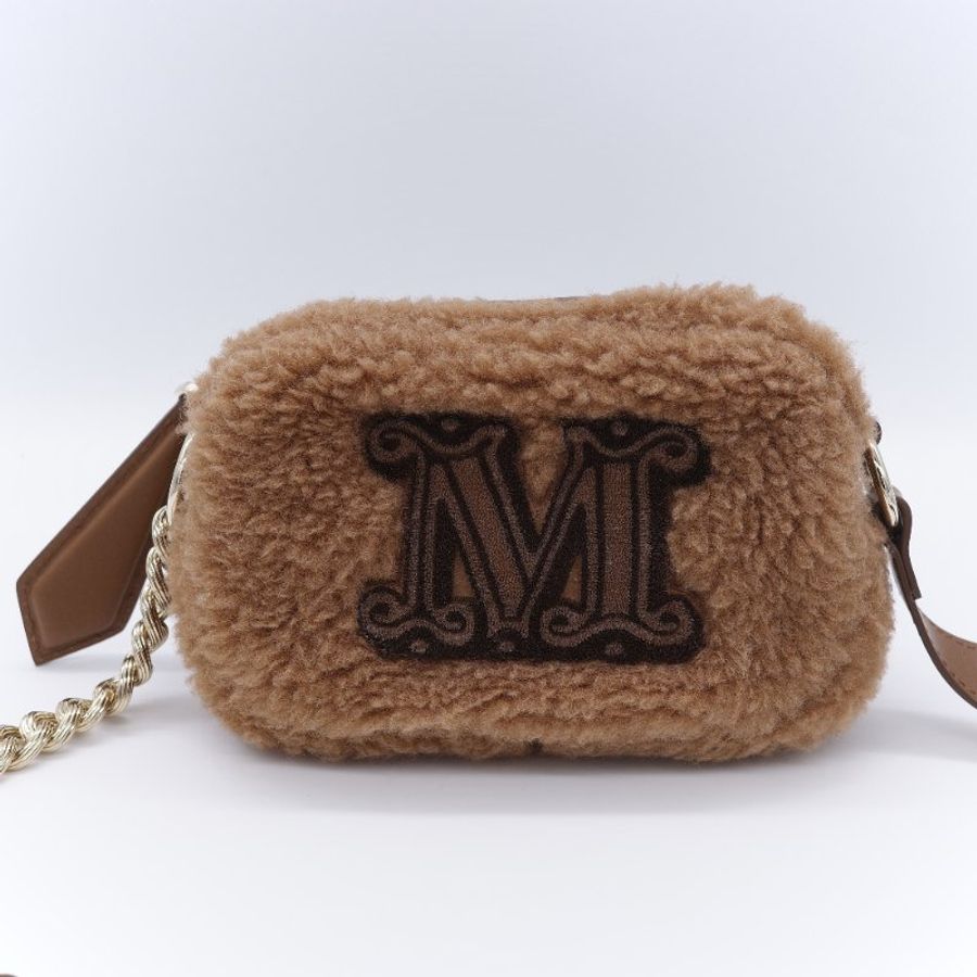 Max Mara 麥絲瑪拉 Teddy 經典駱駝色 駝毛 真絲混紡泰迪熊刷毛 M 字刺繡相機包-1