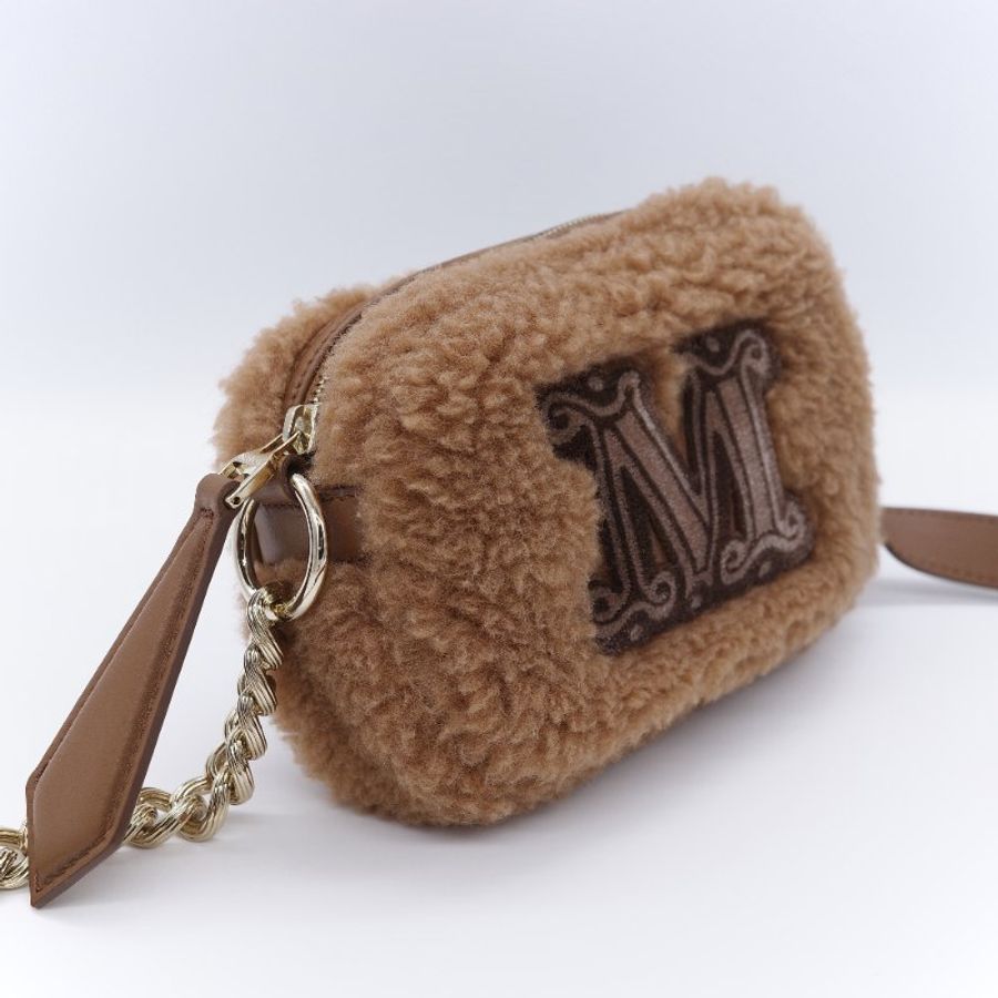 Max Mara 麥絲瑪拉 Teddy 經典駱駝色 駝毛 真絲混紡泰迪熊刷毛 M 字刺繡相機包-2