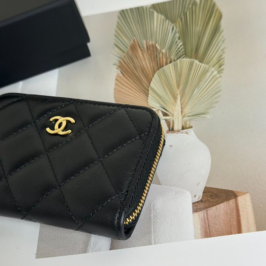CHANEL 經典羊皮拉鍊零錢包 - 黑金-3