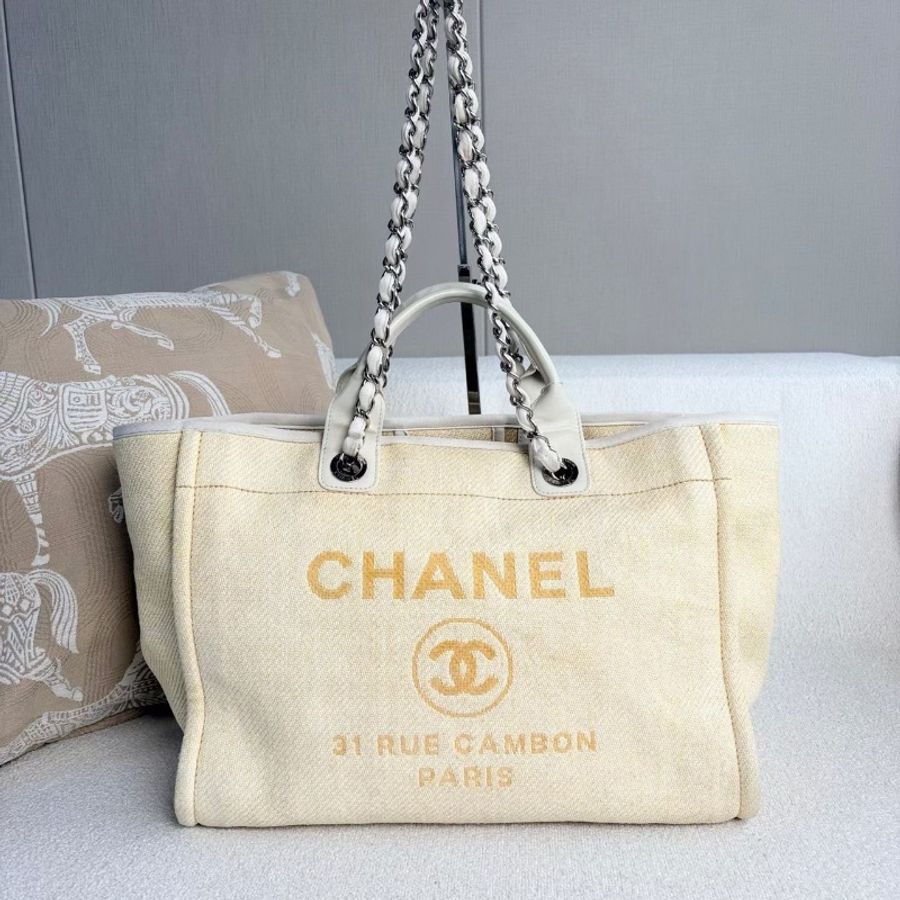 Chanel編織沙灘包 小雞黃銀扣 拉菲草拼皮38*28*12 98新配件塵袋-2