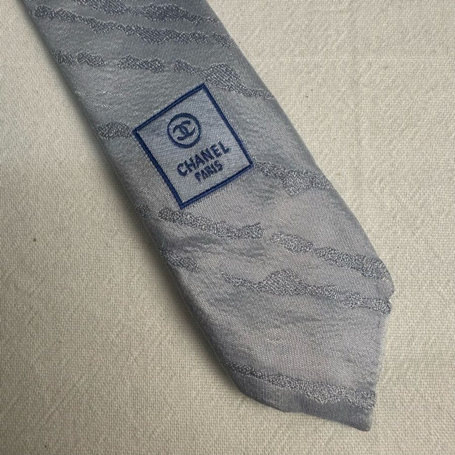 CHANEL 藍灰色斜條紋領帶 領結 絲綢(中古)-4