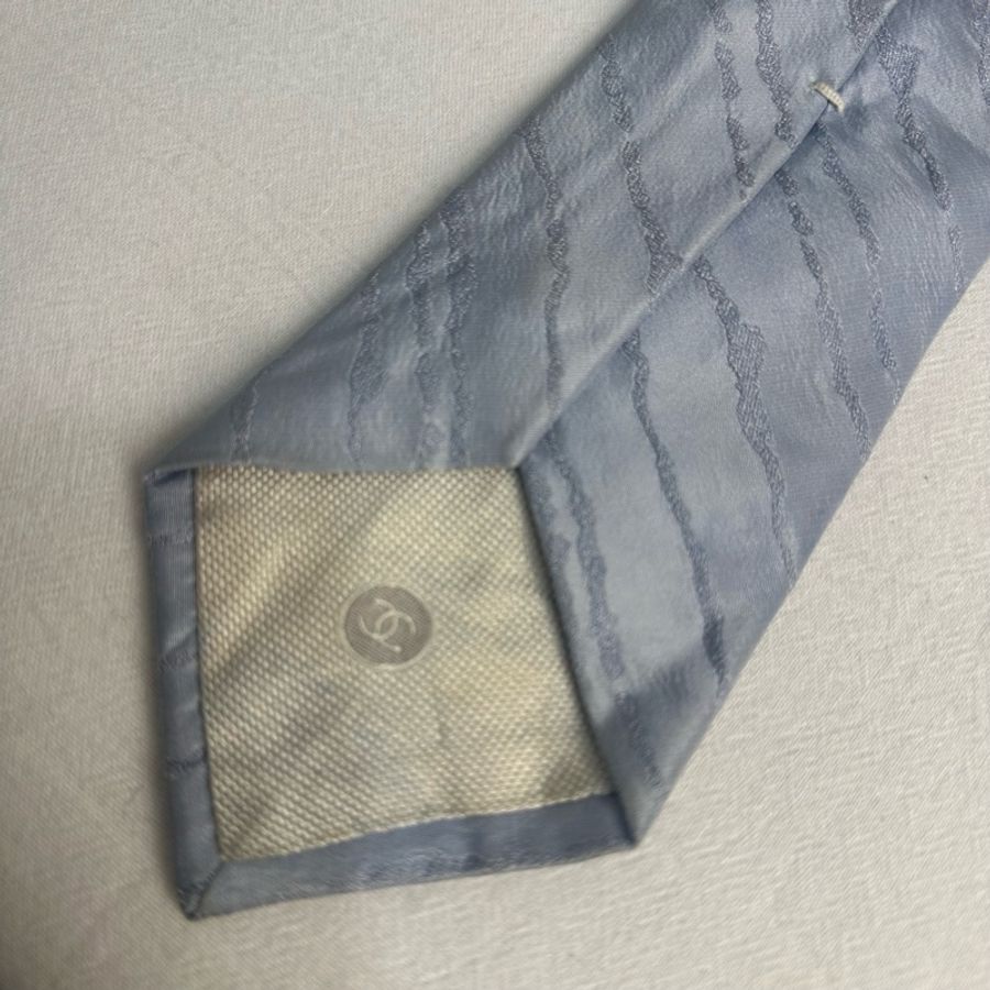 CHANEL 藍灰色斜條紋領帶 領結 絲綢(中古)-5